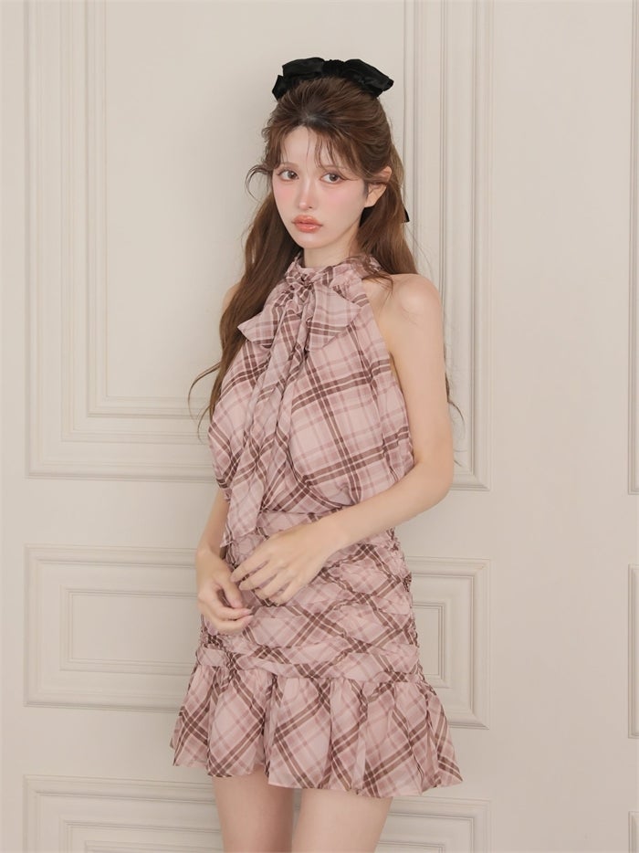 ROBE de FLEURS ローブドフルール チェックホルターリボンセットアップミニキャバドレス fm5209