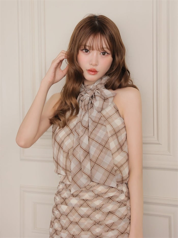 ROBE de FLEURS ローブドフルール チェックホルターリボンセットアップミニキャバドレス fm5209