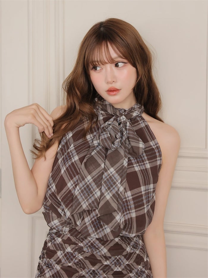 ROBE de FLEURS ローブドフルール チェックホルターリボンセットアップミニキャバドレス fm5209