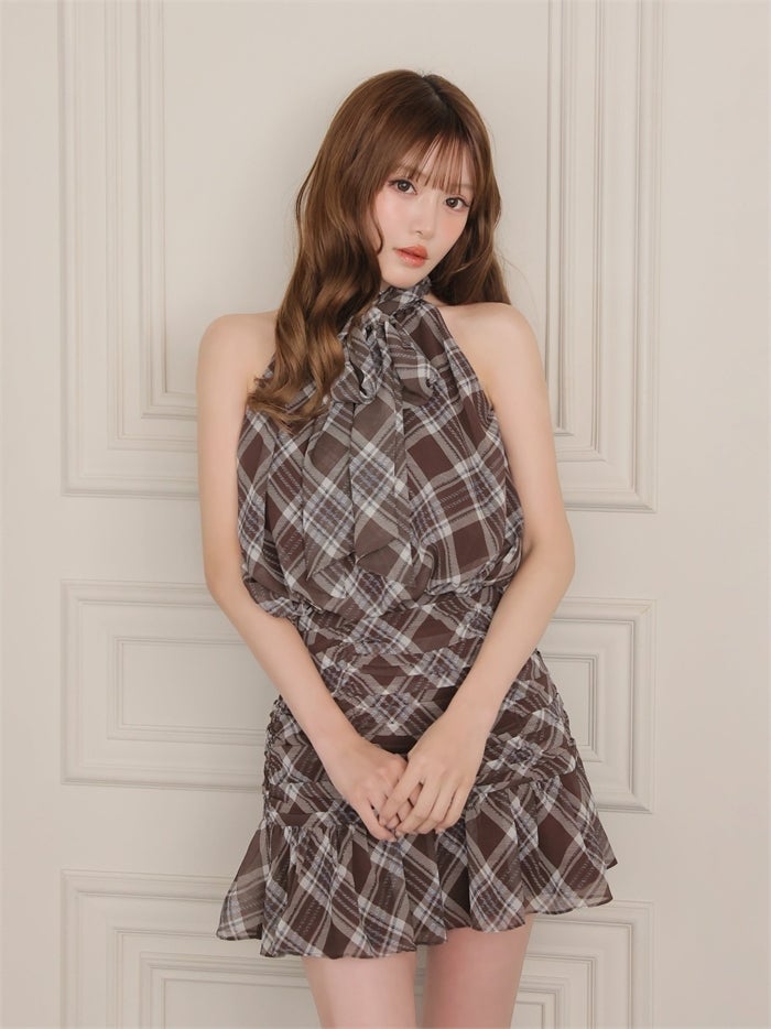 ROBE de FLEURS ローブドフルール チェックホルターリボンセットアップミニキャバドレス fm5209