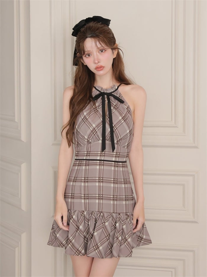 ROBE de FLEURS ローブドフルール チェックシフォンホルターリボンミニキャバドレス fm5051