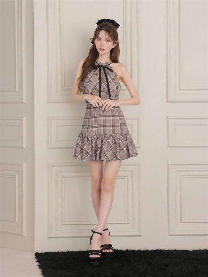 ROBE de FLEURS ローブドフルール チェックシフォンホルターリボンミニキャバドレス fm5051