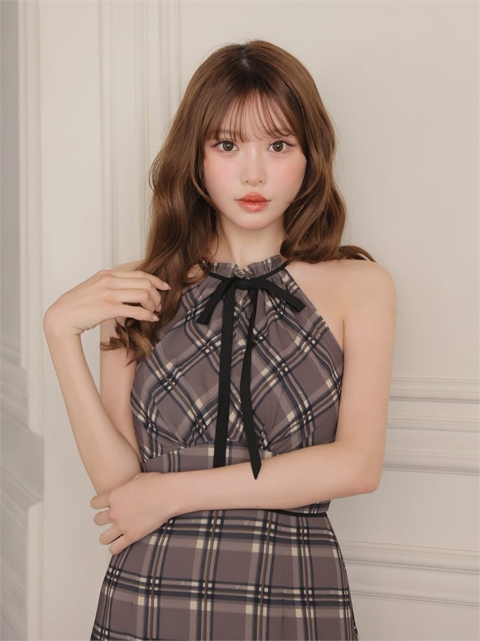 ROBE de FLEURS ローブドフルール チェックシフォンホルターリボンミニキャバドレス fm5051