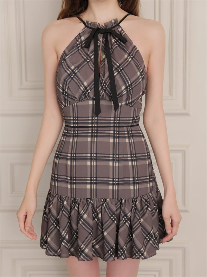 ROBE de FLEURS ローブドフルール チェックシフォンホルターリボンミニキャバドレス fm5051