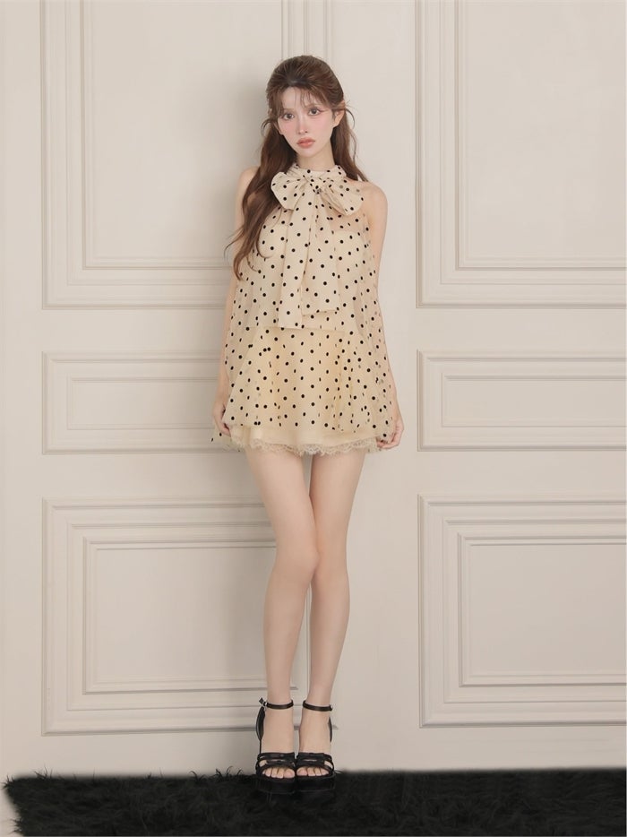 ROBE de FLEURS ローブドフルール ドットチュールホルターリボンセットアップミニキャバドレス fm4976