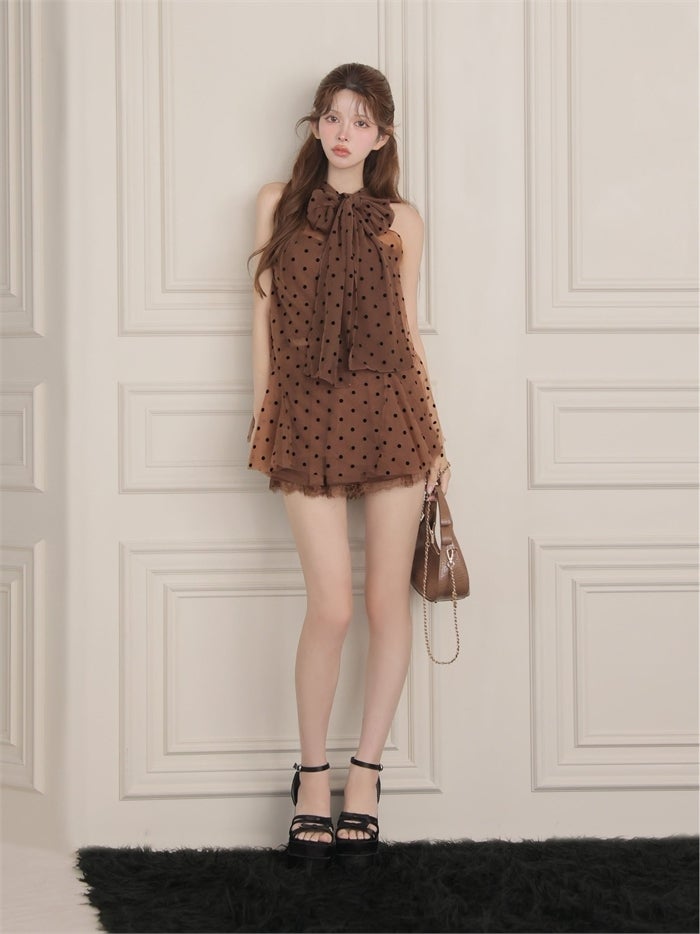 ROBE de FLEURS ローブドフルール ドットチュールホルターリボンセットアップミニキャバドレス fm4976