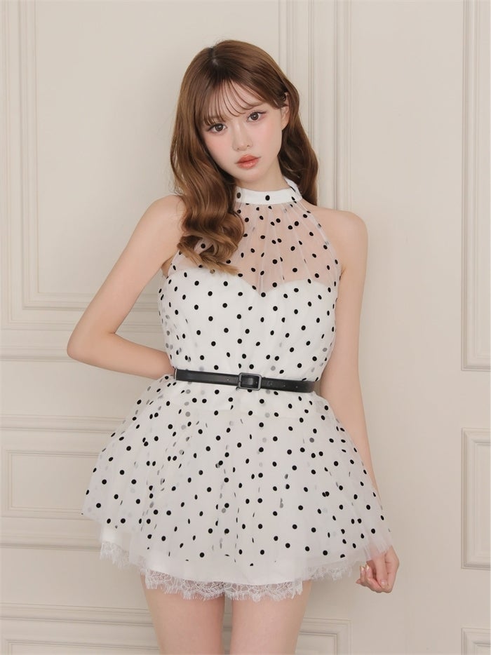 ROBE de FLEURS ローブドフルール ドットチュールホルターリボンセットアップミニキャバドレス fm4976