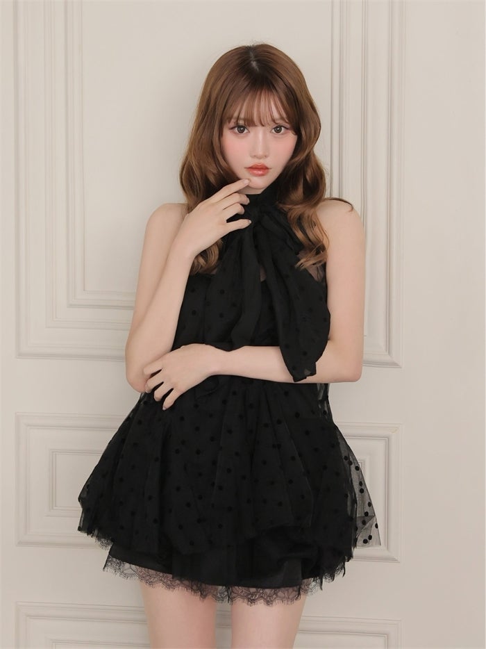 ROBE de FLEURS ローブドフルール ドットチュールホルターリボンセットアップミニキャバドレス fm4976