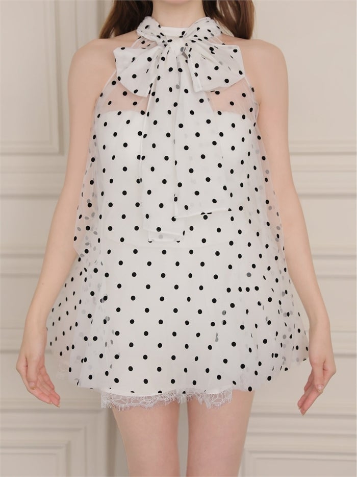 ROBE de FLEURS ローブドフルール ドットチュールホルターリボンセットアップミニキャバドレス fm4976