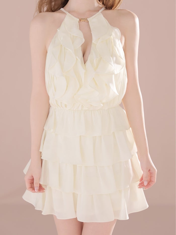 DEA. ディア バイ ローブドフルール サテンフリルティアードホルターミニキャバドレス de4672-c