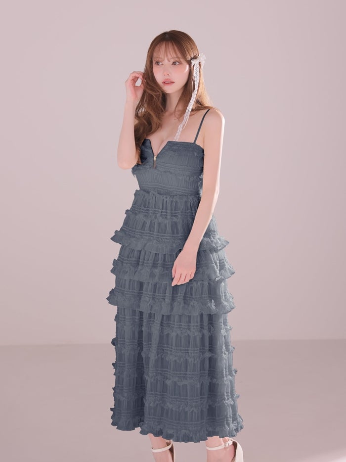 ROBE de FLEURS ローブドフルール シャーリングティアードシフォンロングキャバドレス fm4921-c