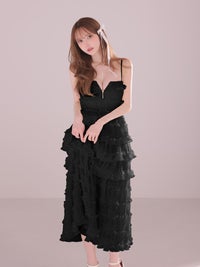 ROBE de FLEURS ローブドフルール シャーリングティアードシフォンロングキャバドレス fm4921-c