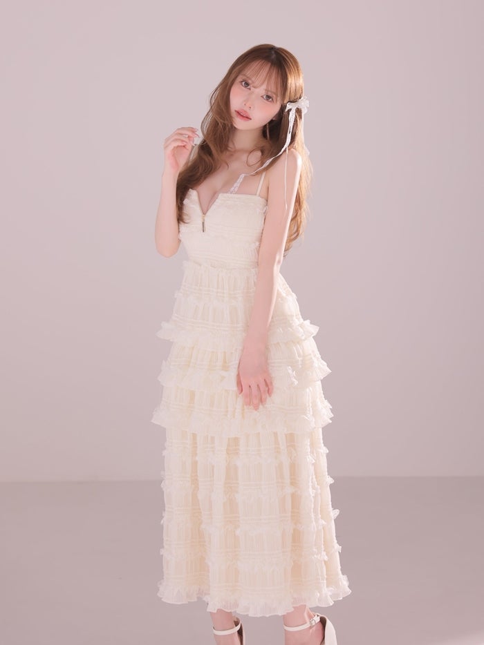 ROBE de FLEURS ローブドフルール シャーリングティアードシフォンロングキャバドレス fm4921-c
