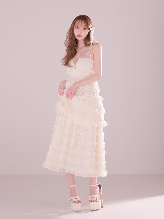 ROBE de FLEURS ローブドフルール シャーリングティアードシフォンロングキャバドレス fm4921-c