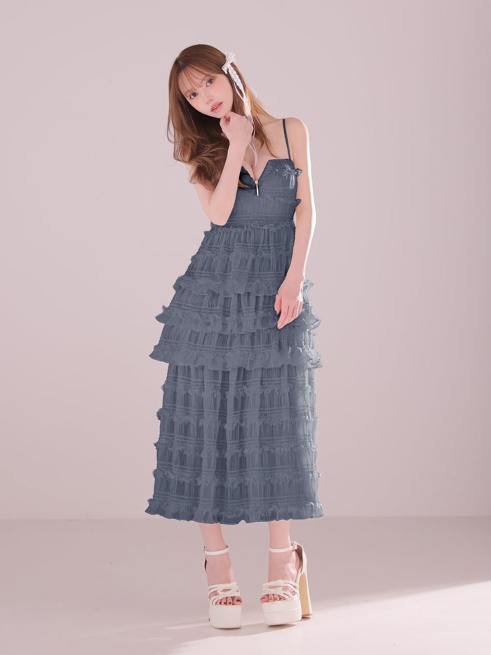 ROBE de FLEURS ローブドフルール シャーリングティアードシフォンロングキャバドレス fm4921-c