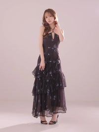 DEA. ディア バイ ローブドフルール ホルターフラワーシフォンアシンメトリーロングキャバドレス de4695-c