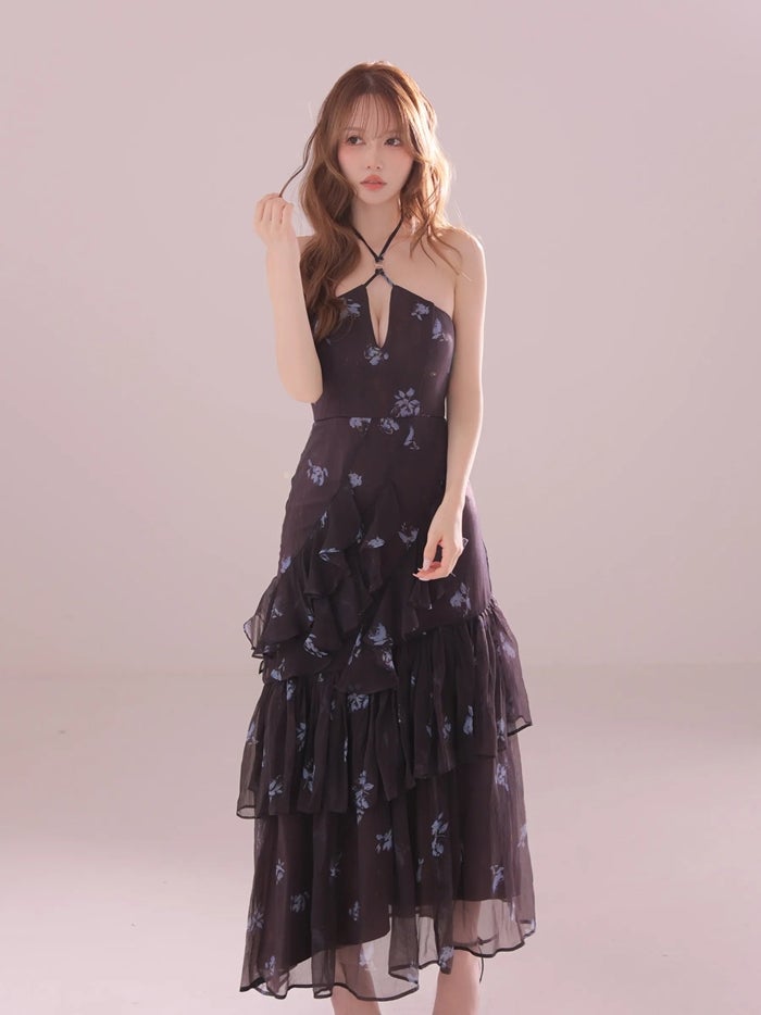 DEA. ディア バイ ローブドフルール ホルターフラワーシフォンアシンメトリーロングキャバドレス de4695-c