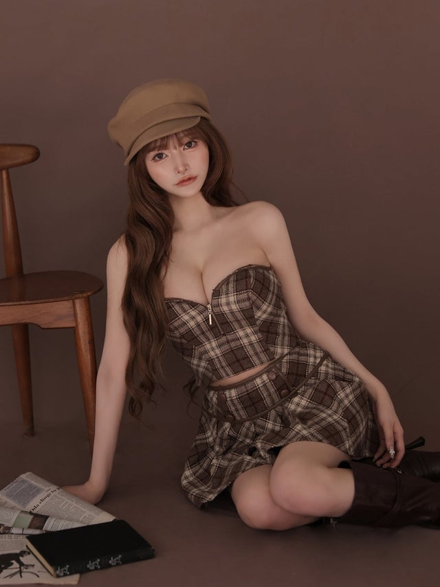 ROBE de FLEURS ローブドフルール チェックレザーパイピングセットアップミニキャバドレス fm4399-c