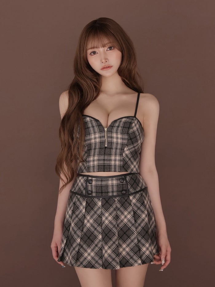 ROBE de FLEURS ローブドフルール チェックレザーパイピングセットアップミニキャバドレス fm4399-c