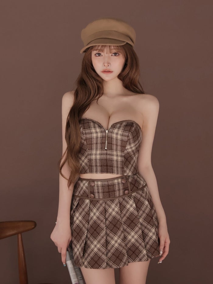 ROBE de FLEURS ローブドフルール チェックレザーパイピングセットアップミニキャバドレス fm4399-c