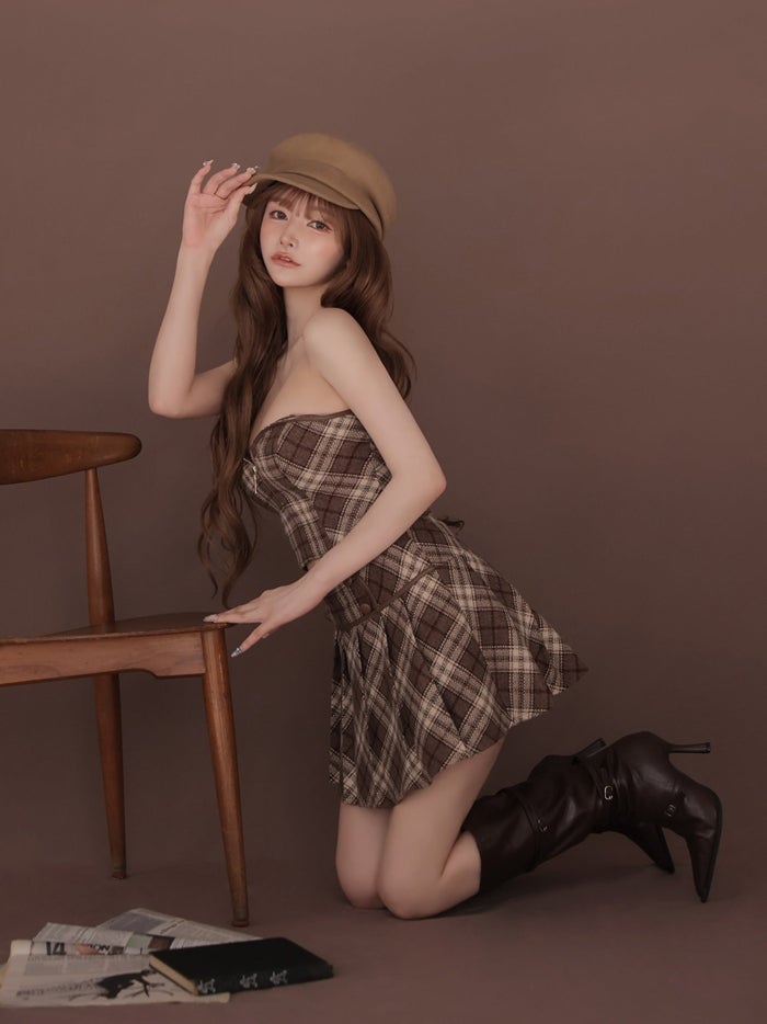 ROBE de FLEURS ローブドフルール チェックレザーパイピングセットアップミニキャバドレス fm4399-c