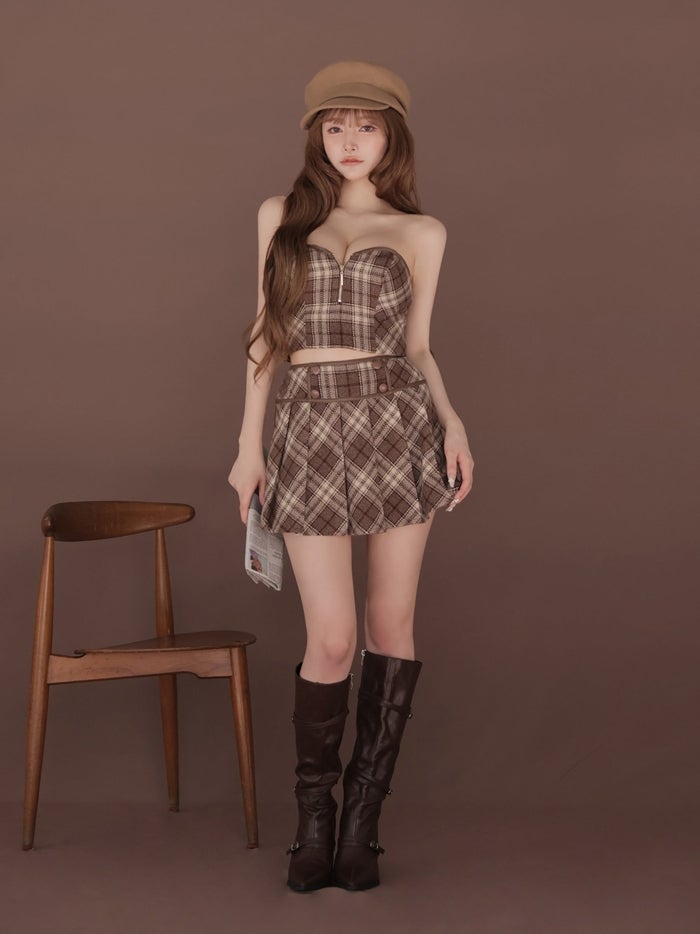 ROBE de FLEURS ローブドフルール チェックレザーパイピングセットアップミニキャバドレス fm4399-c