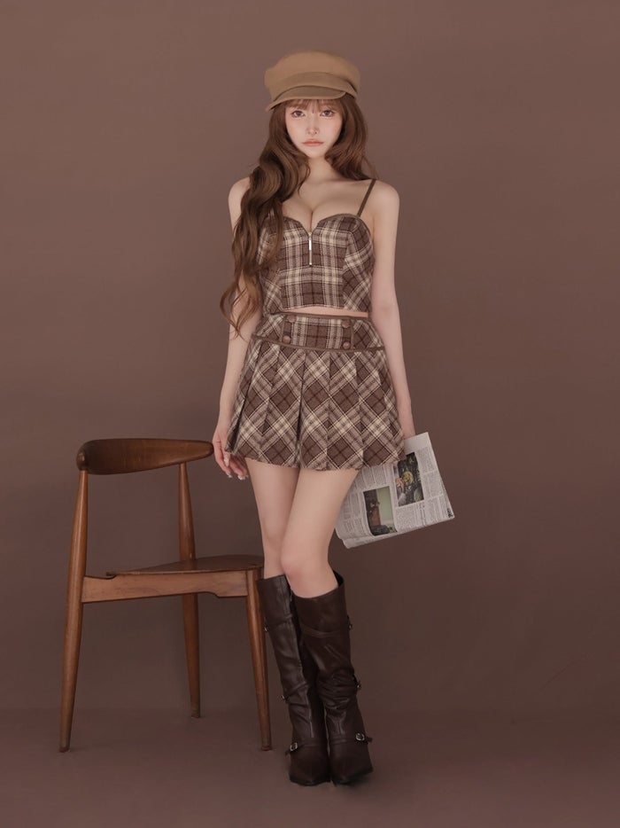 ROBE de FLEURS ローブドフルール チェックレザーパイピングセットアップミニキャバドレス fm4399-c