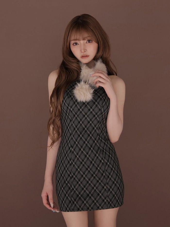 ROBE de FLEURS ローブドフルール ファーティペットチェックタイトミニキャバドレス fm4686-c