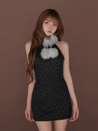 ROBE de FLEURS ローブドフルール ファーティペットチェックタイトミニキャバドレス fm4686-c