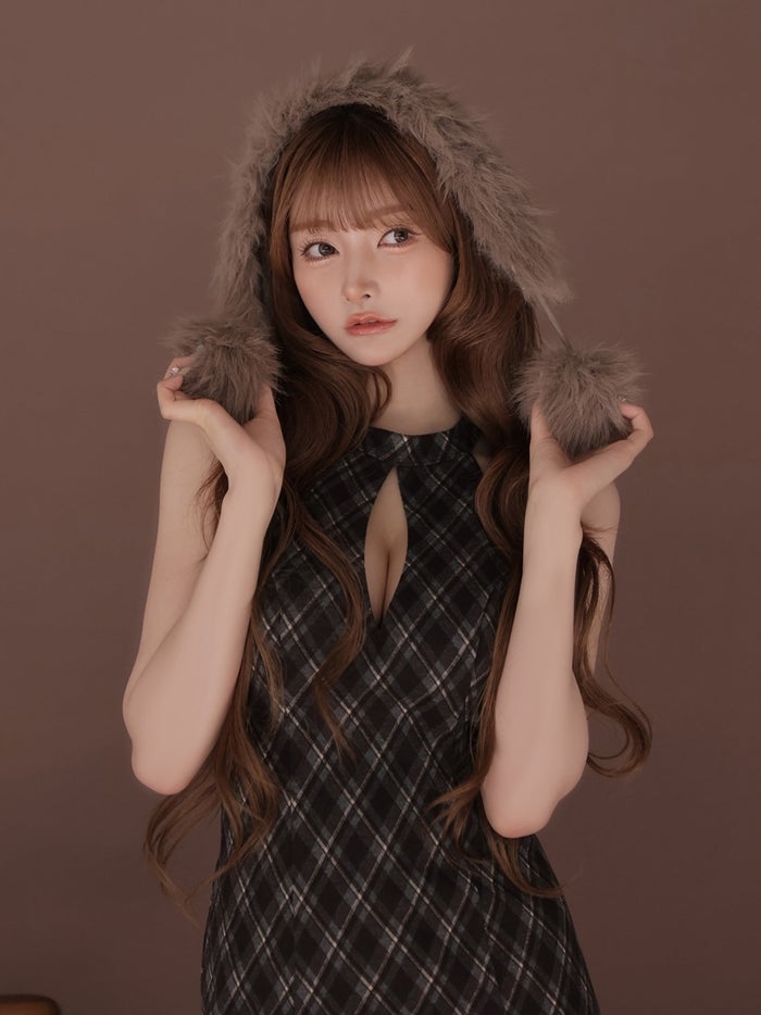 ROBE de FLEURS ローブドフルール ファーティペットチェックタイトミニキャバドレス fm4686-c