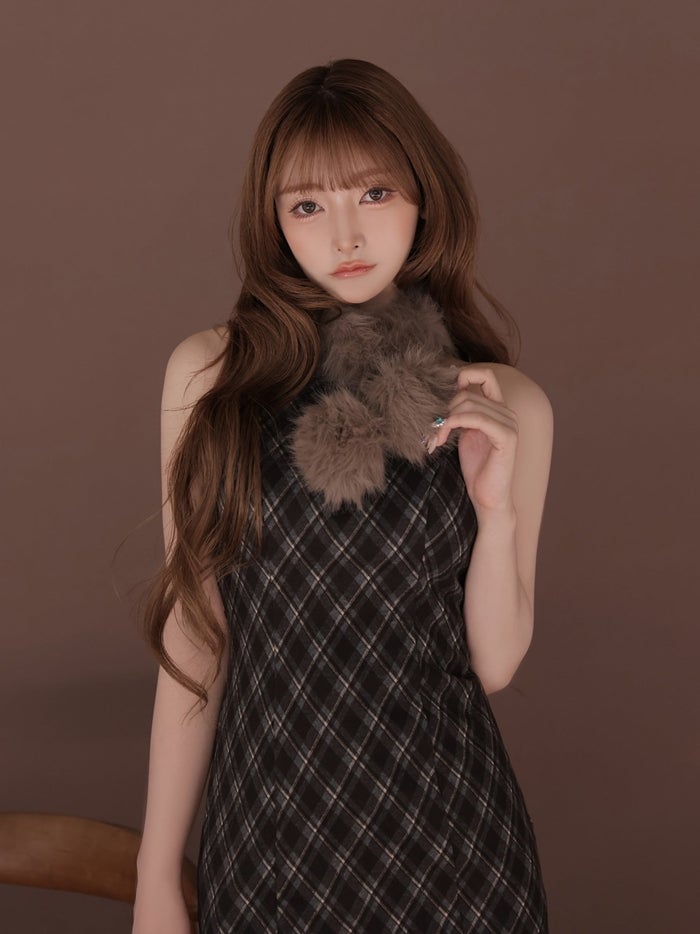 ROBE de FLEURS ローブドフルール ファーティペットチェックタイトミニキャバドレス fm4686-c