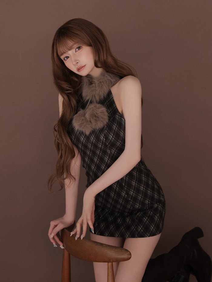 ROBE de FLEURS ローブドフルール ファーティペットチェックタイトミニキャバドレス fm4686-c