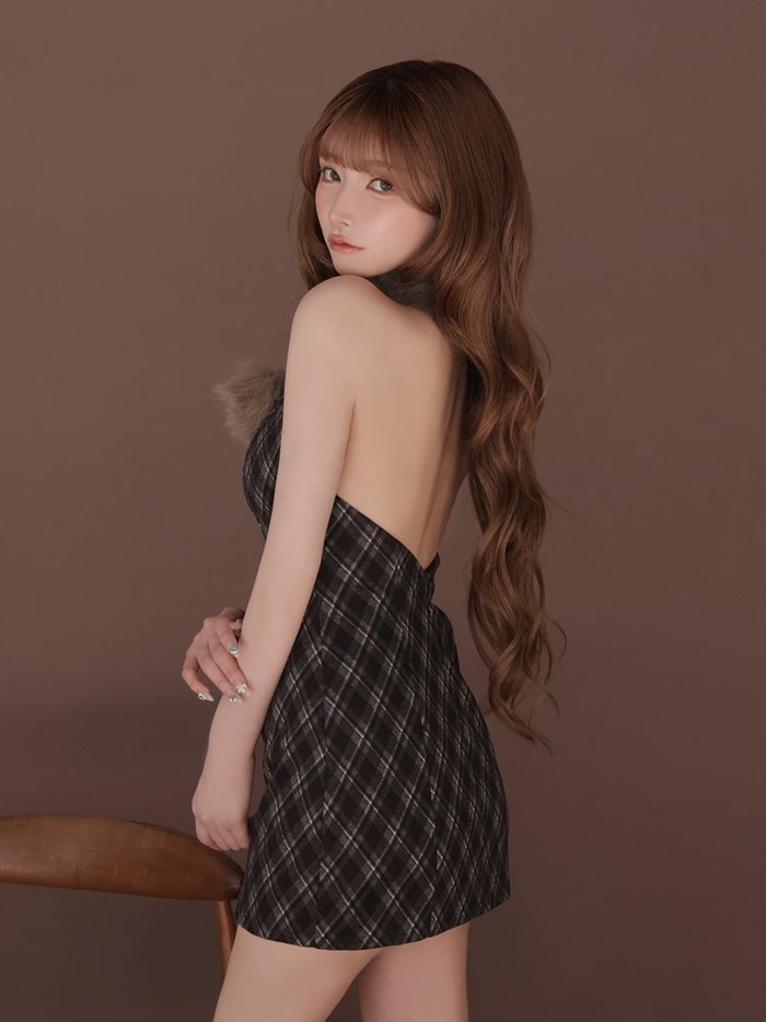 ROBE de FLEURS ローブドフルール ファーティペットチェックタイトミニキャバドレス fm4686-c