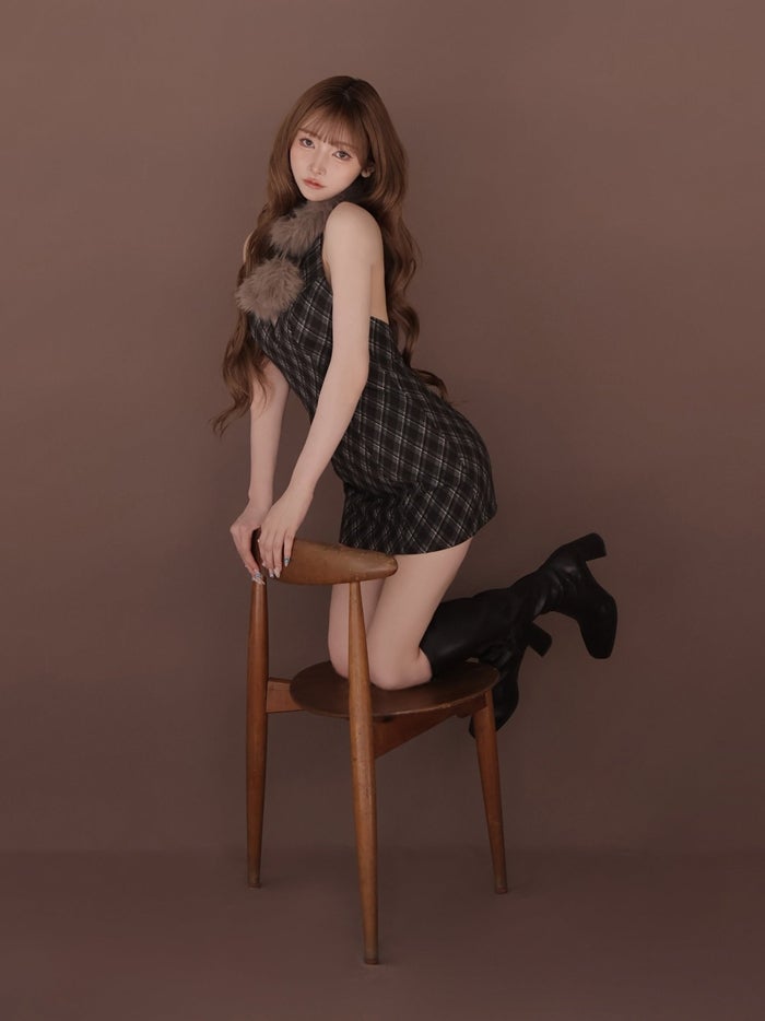 ROBE de FLEURS ローブドフルール ファーティペットチェックタイトミニキャバドレス fm4686-c