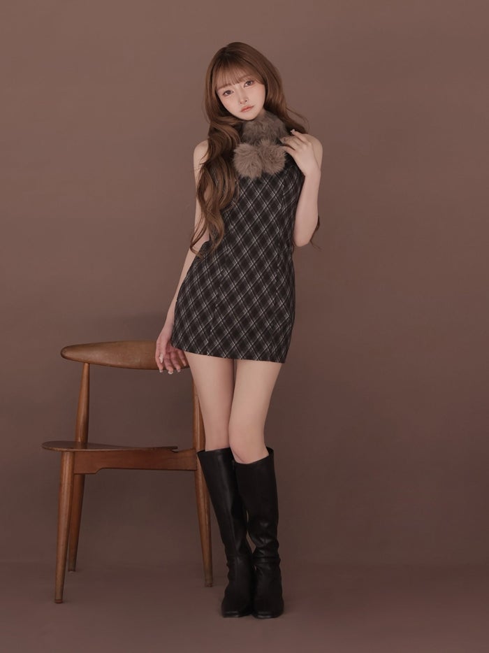 ROBE de FLEURS ローブドフルール ファーティペットチェックタイトミニキャバドレス fm4686-c