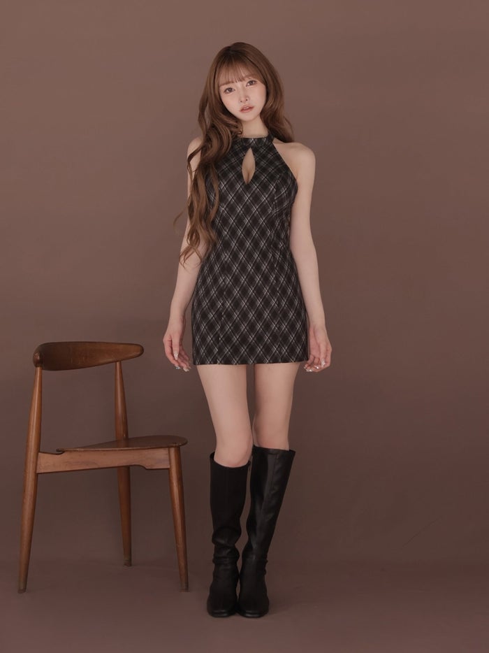 ROBE de FLEURS ローブドフルール ファーティペットチェックタイトミニキャバドレス fm4686-c