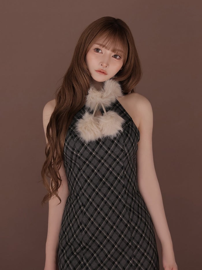 ROBE de FLEURS ローブドフルール ファーティペットチェックタイトミニキャバドレス fm4686-c