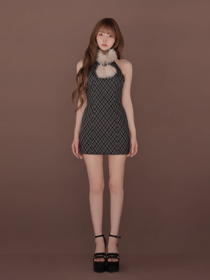 ROBE de FLEURS ローブドフルール ファーティペットチェックタイトミニキャバドレス fm4686-c