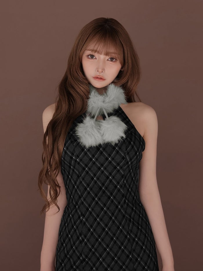 ROBE de FLEURS ローブドフルール ファーティペットチェックタイトミニキャバドレス fm4686-c