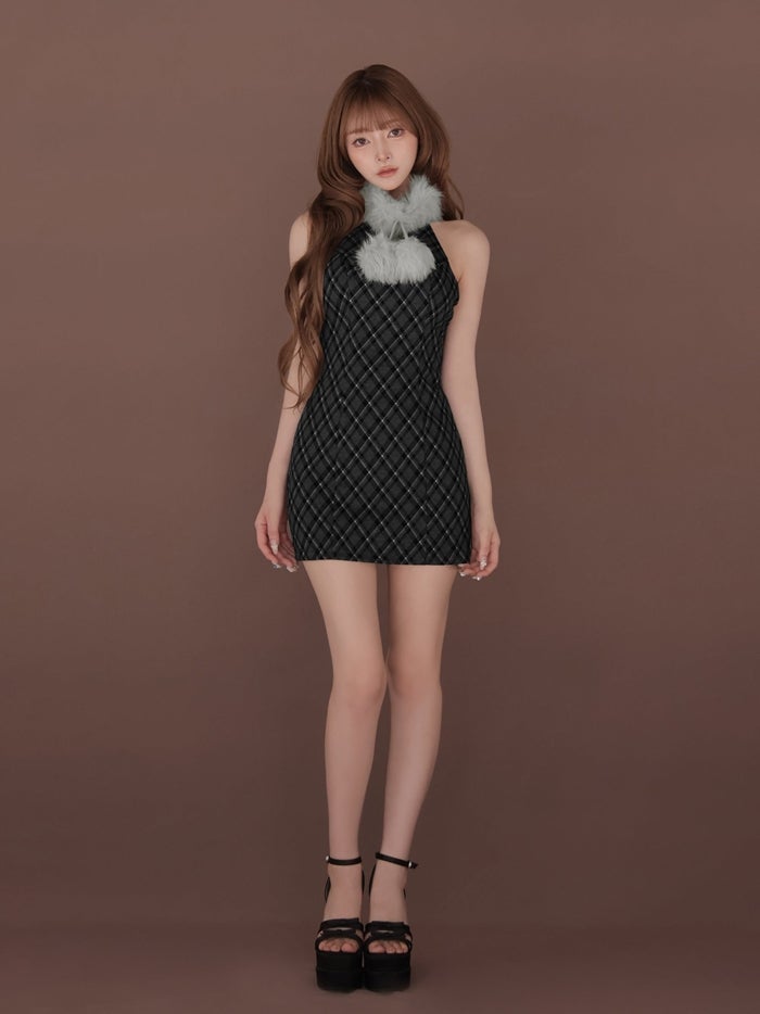 ROBE de FLEURS ローブドフルール ファーティペットチェックタイトミニキャバドレス fm4686-c