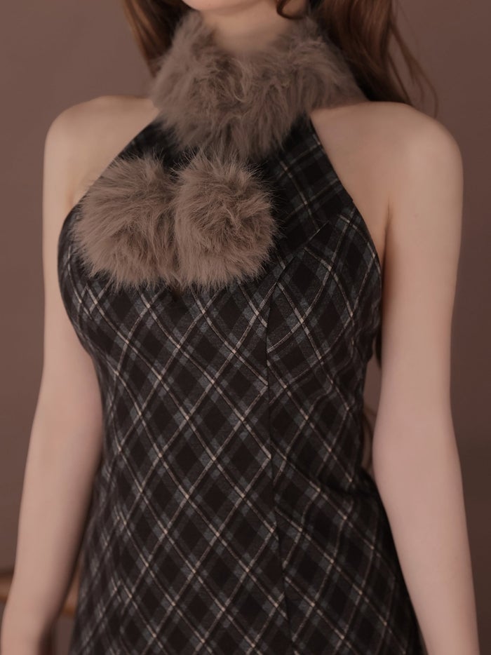 ROBE de FLEURS ローブドフルール ファーティペットチェックタイトミニキャバドレス fm4686-c