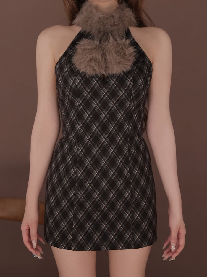 ROBE de FLEURS ローブドフルール ファーティペットチェックタイトミニキャバドレス fm4686-c