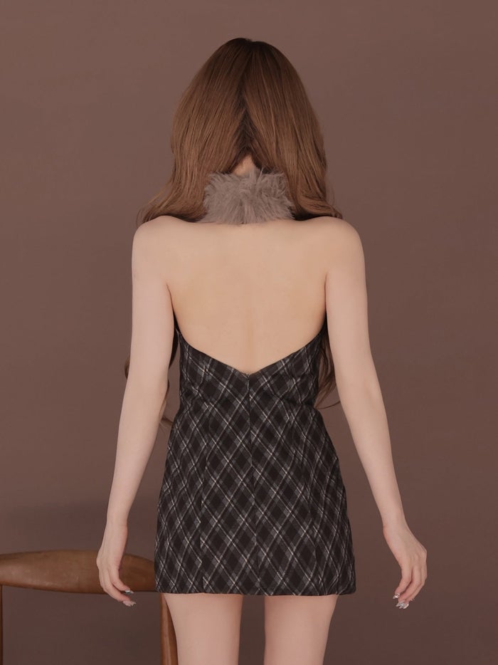 ROBE de FLEURS ローブドフルール ファーティペットチェックタイトミニキャバドレス fm4686-c