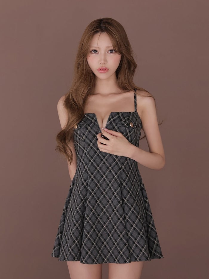 ROBE de FLEURS ローブドフルール チェックニットバストジップフレアミニキャバドレス fm4946-c