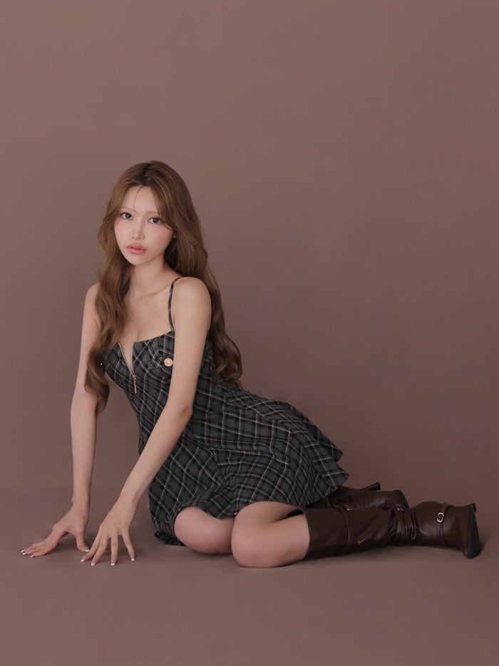 ROBE de FLEURS ローブドフルール チェックニットバストジップフレアミニキャバドレス fm4946-c