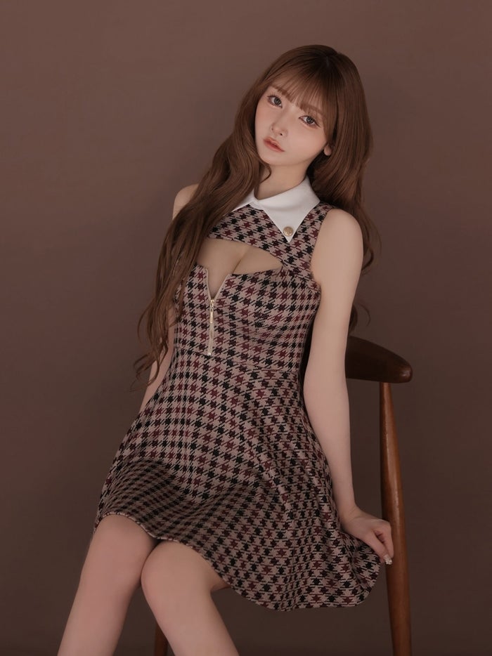 ROBE de FLEURS ローブドフルール 千鳥チェックニットカラーフレアミニキャバドレス fm5208-c