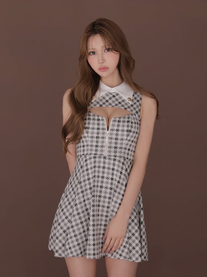 ROBE de FLEURS ローブドフルール 千鳥チェックニットカラーフレアミニキャバドレス fm5208-c