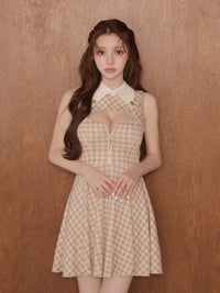 ROBE de FLEURS ローブドフルール 千鳥チェックニットカラーフレアミニキャバドレス fm5208-c