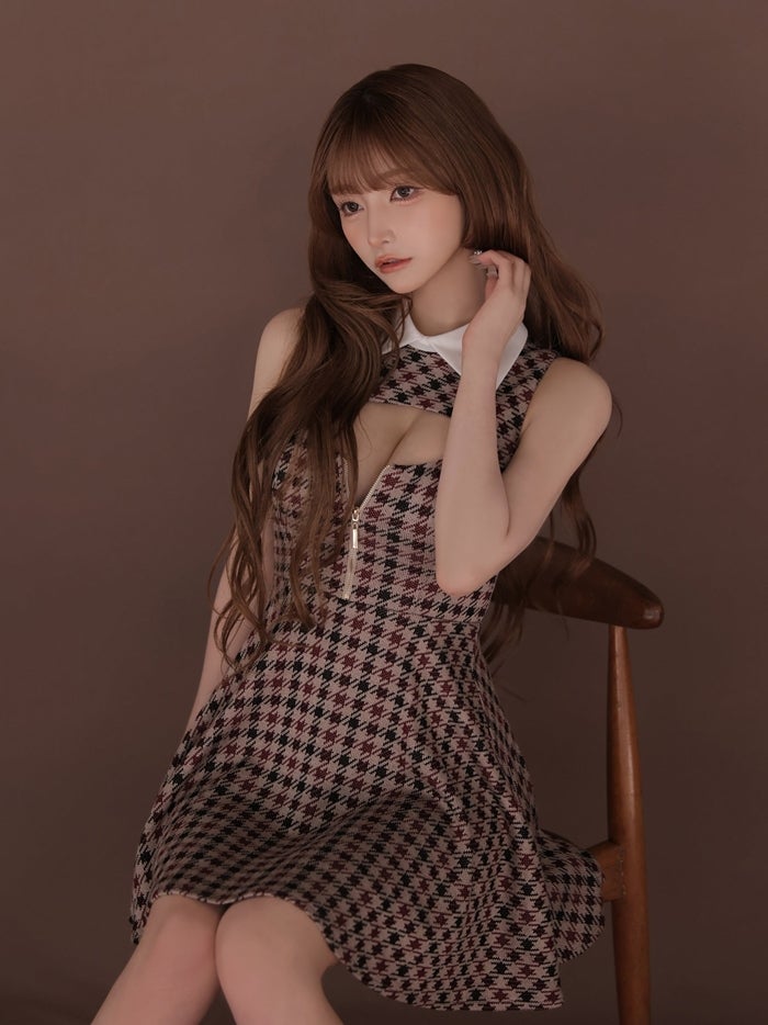 ROBE de FLEURS ローブドフルール 千鳥チェックニットカラーフレアミニキャバドレス fm5208-c