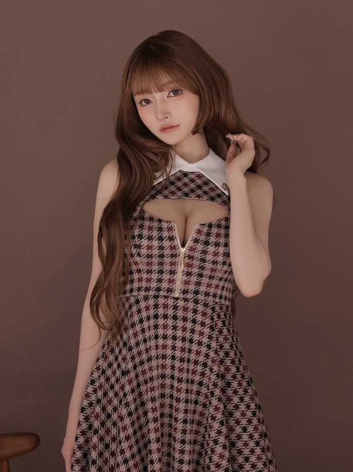 ROBE de FLEURS ローブドフルール 千鳥チェックニットカラーフレアミニキャバドレス fm5208-c